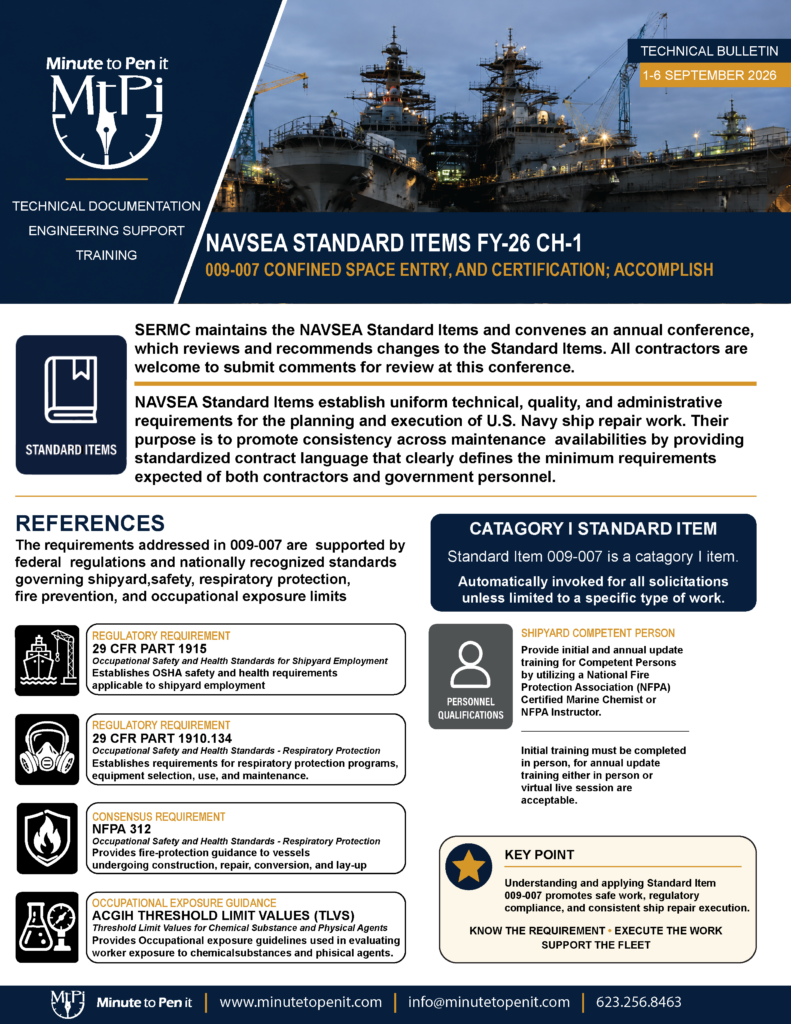 NAVSEA Standard Item 009-007 technical bulletin summarizing confined space entry and certification requirements, regulatory references, personnel qualifications, and shipyard safety standards for U.S. Navy repair activities.