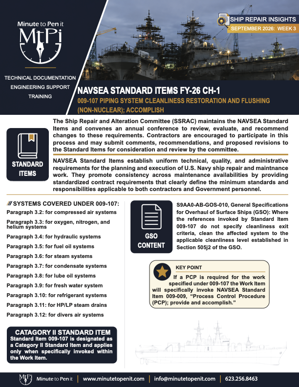 Minute to Pen It September 2026 Week 3 Ship Repair Insights newsletter about NAVSEA Standard Item 009-107 piping system cleanliness restoration and flushing for non-nuclear systems.