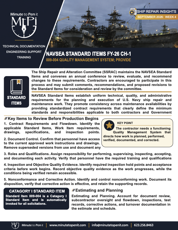 Minute to Pen It Ship Repair Insights September 2026 Week 4 newsletter covering NAVSEA Standard Items FY-26 CH-1 and Quality Management System 009-004.